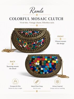 Ramla Chic Colorful Mosaic Tile Clutch or shoulder metal bag strap included